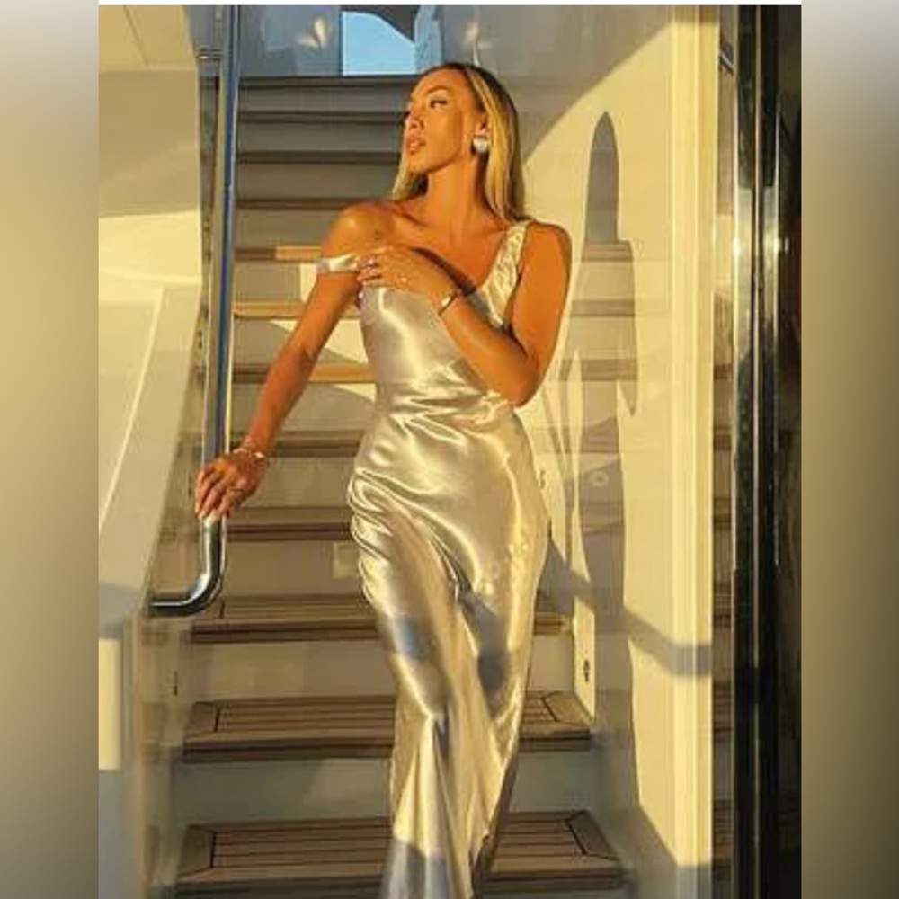 Silver Metallic Satin Maxi Dress